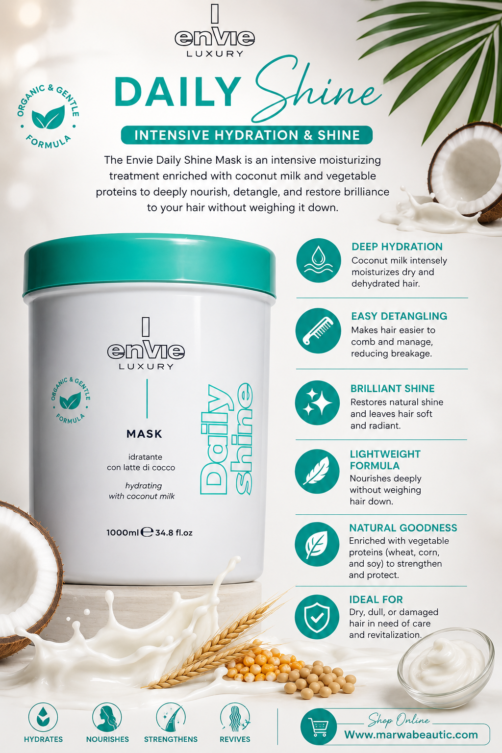 Envie Luxury Daily Shine Hair Mask | Coconut Milk & Vegetable Proteins | 1000ml