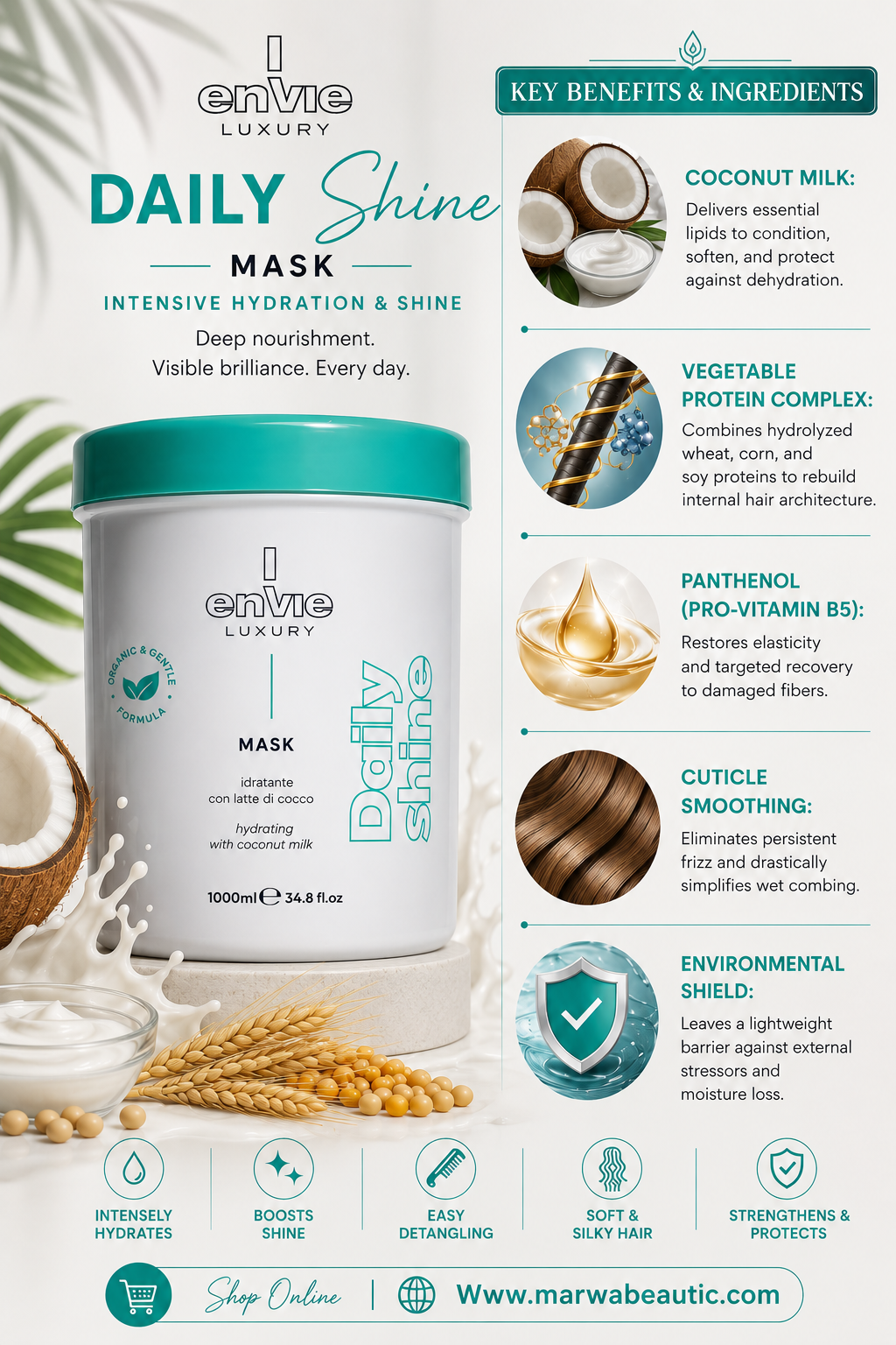 Envie Luxury Daily Shine Hair Mask | Coconut Milk & Vegetable Proteins | 1000ml